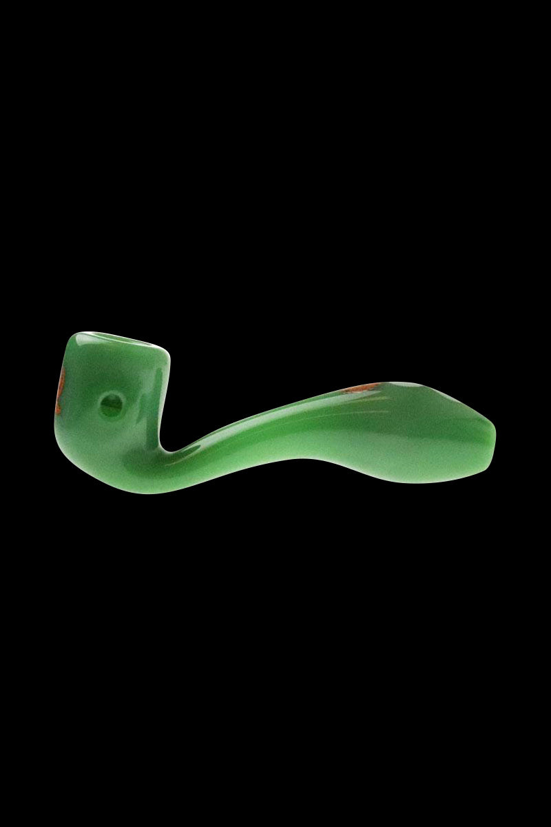 Side view of the “Puff Puff Pass “Girl Scout Cookies” Strain Pipe” with a curved design and glossy green finish.