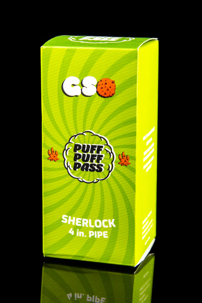 Green packaging for “Puff Puff Pass” Sherlock 4-inch pipe, featuring cannabis leaf illustrations and bold lettering.
