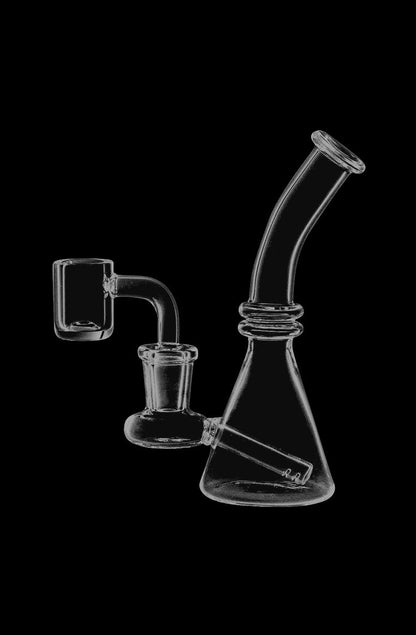 A front view of the Mini Glass Beaker with Quartz Banger, showing the clear glass beaker and its accompanying quartz banger.