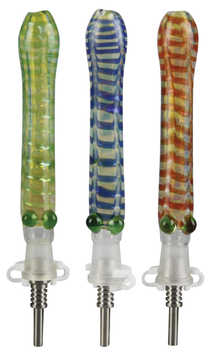 Front view of the Glass Dab Collector Straw with 10mm Titanium Tip, showcasing its clear glass construction and slender, elongated design.