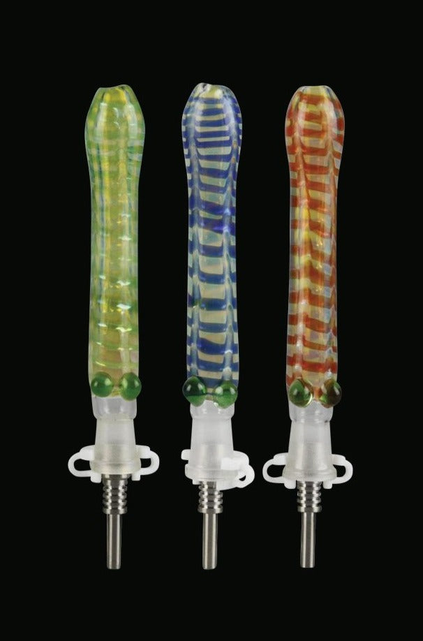 A close-up, angled view of the Glass Dab Collector Straw with 10mm Titanium Tip, showing its clear glass construction.