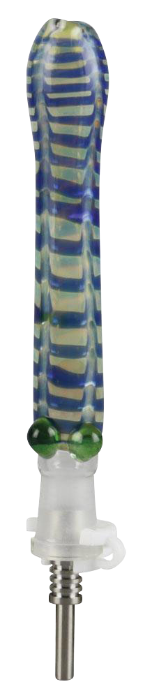 A close-up, angled view of the Glass Dab Collector Straw with 10mm Titanium Tip, showing its colorful glass design.