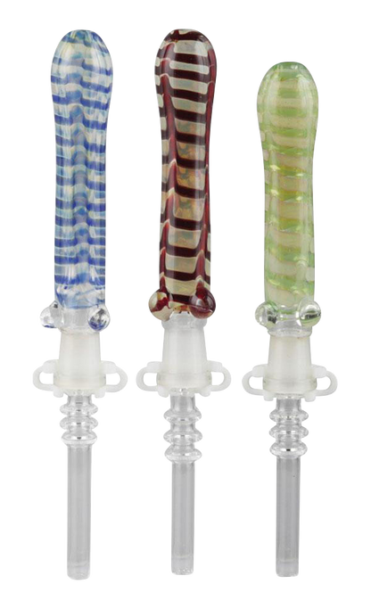 Front view of the Simple Glass Nectar Dab Straw Collector with Quartz Tip, showcasing a slender, patterned glass tube with a visible quartz tip.