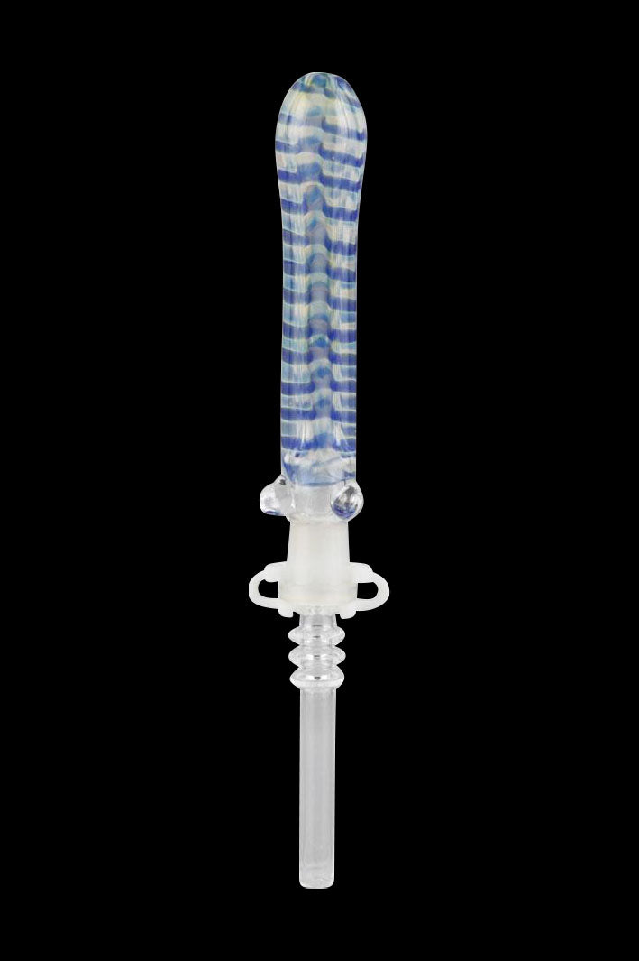 Blue and white patterned glass dab rig with intricate detailing.