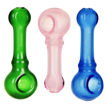 Three glass smoking pipes in green, pink, and blue. - Glow in the Dark Colored Spoon Pipe