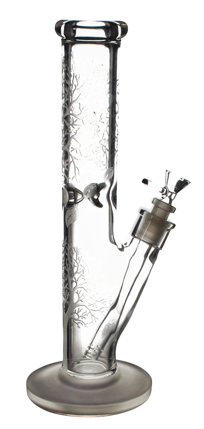 Front view of the Glow in the Dark Tree Water Pipe, a tall glass tube with etched tree branch designs.