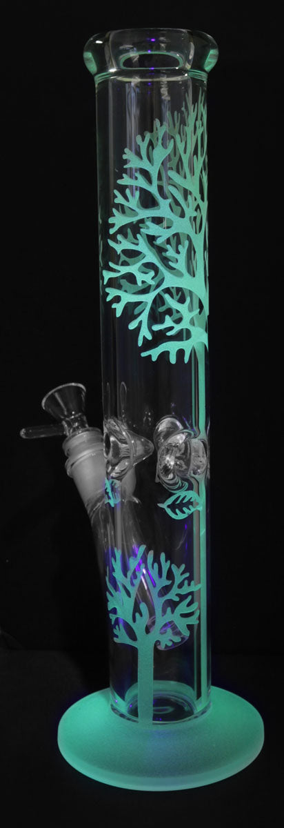 Front view of the Glow in the Dark Tree Water Pipe, with glowing green tree branches against a dark background.