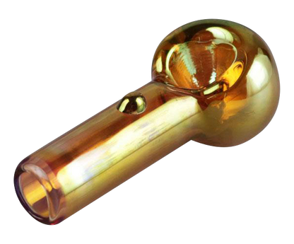 A close-up, angled view of the Gold Fumed Hand Pipe, showcasing its smooth glass form and subtle golden sheen.