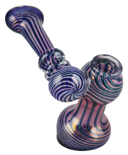 A close-up, angled view of the Gold Fumed Sidecar Bubbler, featuring swirling patterns in the glass.
