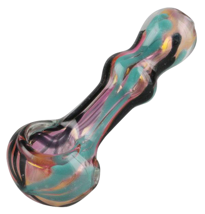 A detailed side view of the Gold Fumed Wig-wag Hand Pipe, showcasing its colorful glass swirls and curved design.