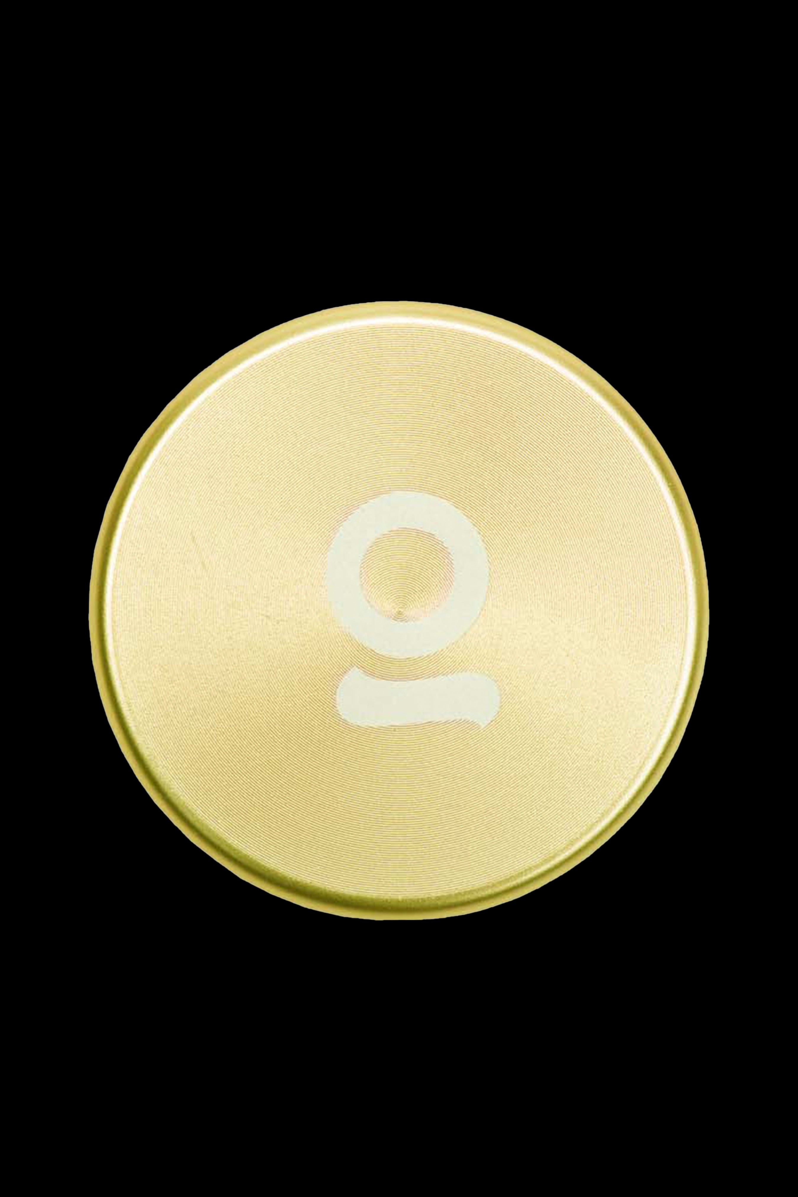 Gold cannabis container with a white logo.