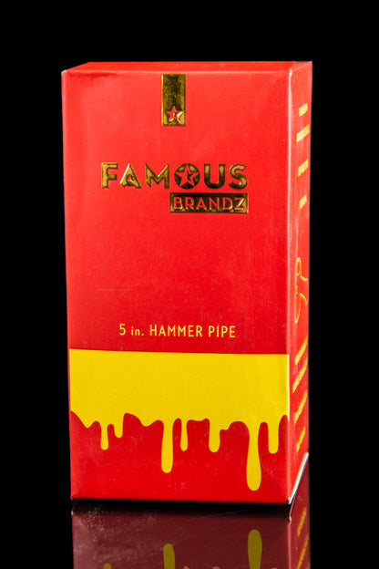 Red box for “Famous Brandz” 5-inch hammer pipe with dripping gold foil effect.