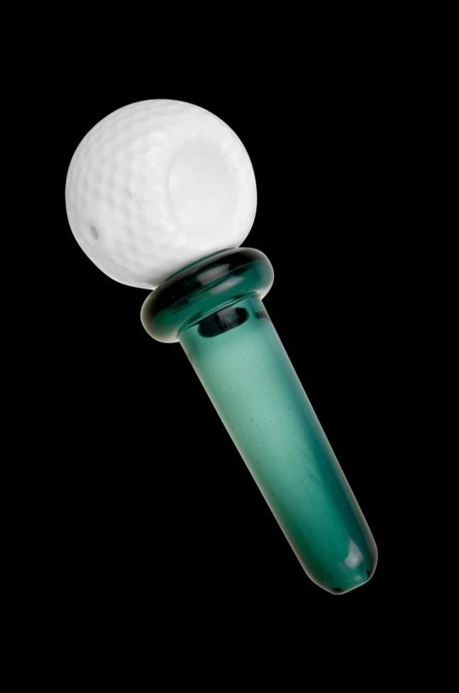 A close-up view of the Golf Ball & Tee Glass Hand Pipe, showing the clear glass pipe shaped like a golf ball on a tee.