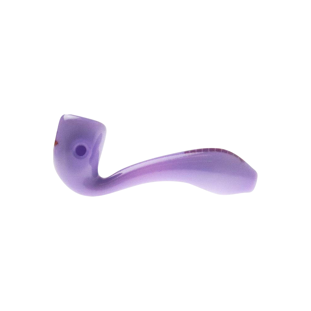 A side view of the “Puff Puff Pass Granddaddy Purple” strain pipe, showcasing its curved design and purple-tinted glass.