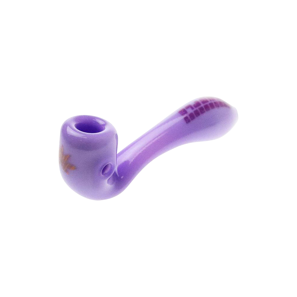 A close-up, angled view of the "Puff Puff Pass "Granddaddy Purple" Strain Pipe, showcasing its purple glass construction.