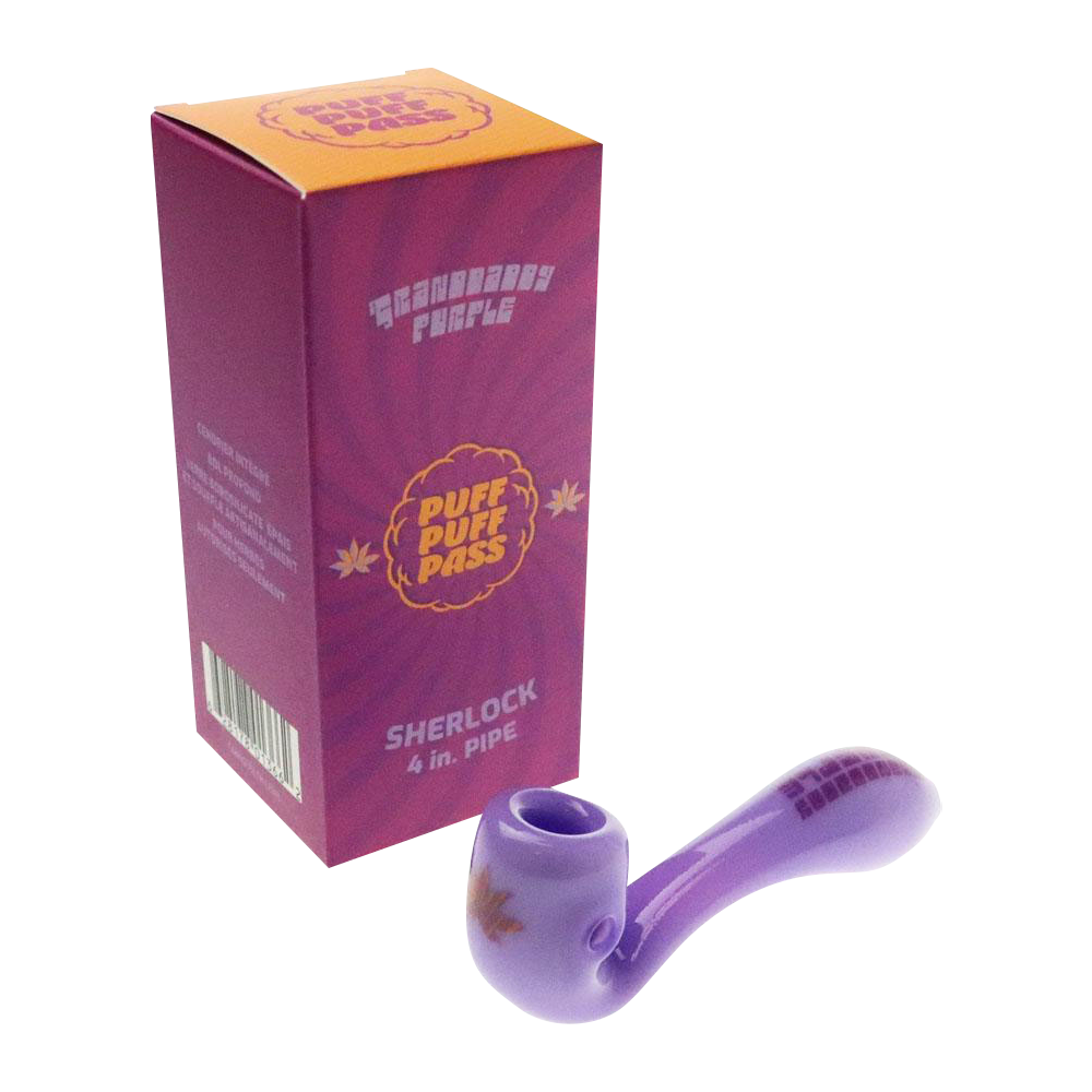 A close-up, angled view of the “Puff Puff Pass” “Granddaddy Purple” Strain Pipe with a dark purple hue and simple curved design.