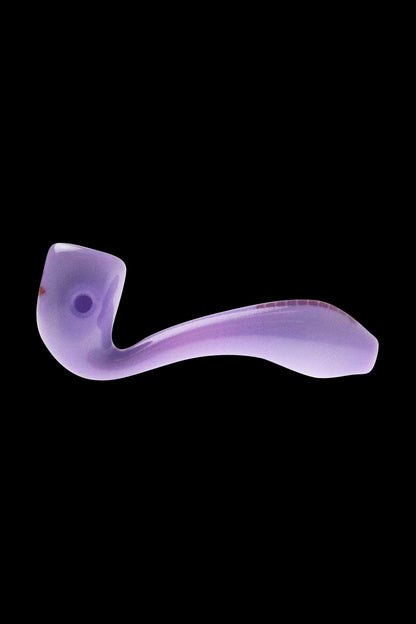 A side view of the “Puff Puff Pass “Granddaddy Purple” Strain Pipe, showcasing its curved shape and purple-tinted glass.
