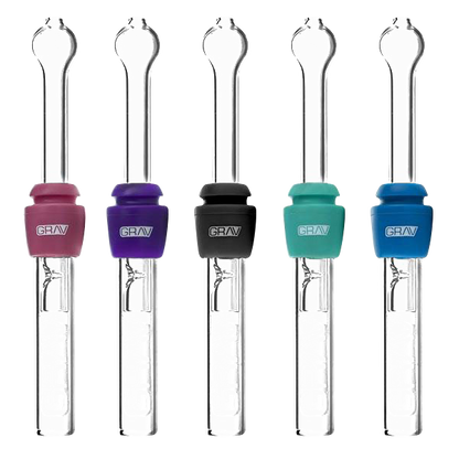 A close-up, angled view of the GRAV® Sliding Glass Blunt, showcasing its clear glass construction and cylindrical shape.