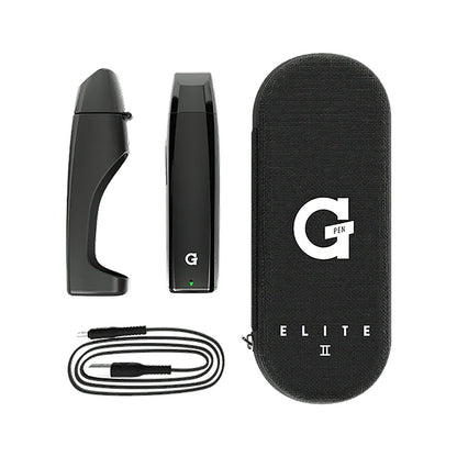 Front view of the G-Pen Elite II Herb Vaporizer, a black, cylindrical device displayed next to a coiled charging cable.