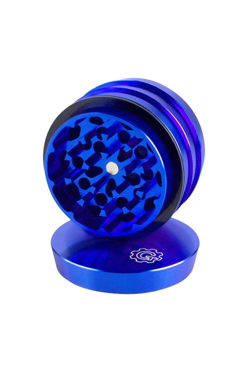 A tiered view of the Pulsar 2 Aluminum 4pc Grinder, showcasing its blue metallic finish and circular design.