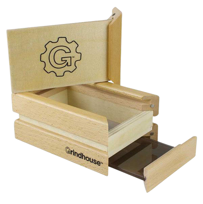 The Pulsar Small Drawer Style Sifter Box is pictured from a slight top angle, showcasing its wooden construction and open drawer.