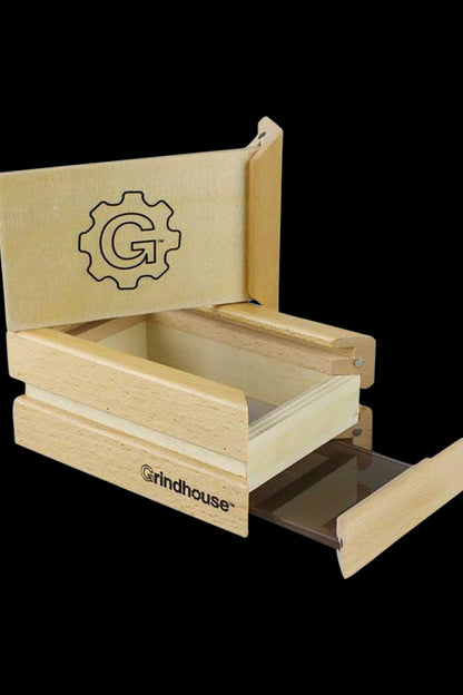 A slightly angled view of the Pulsar Small Drawer Style Sifter Box, showcasing its wooden construction and open drawer.