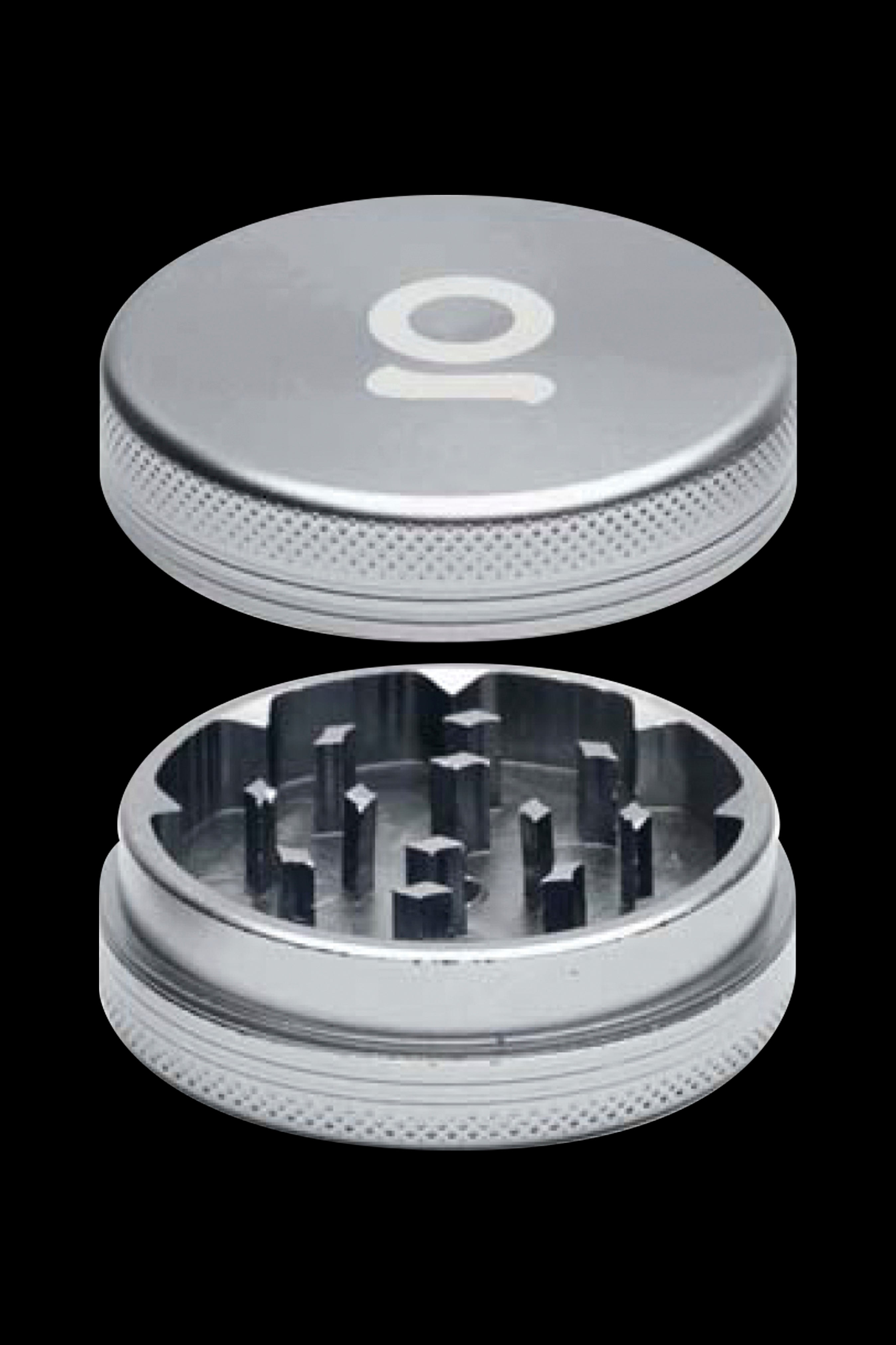 Silver cannabis grinder with two separated parts, top and bottom, showcasing the teeth for grinding.