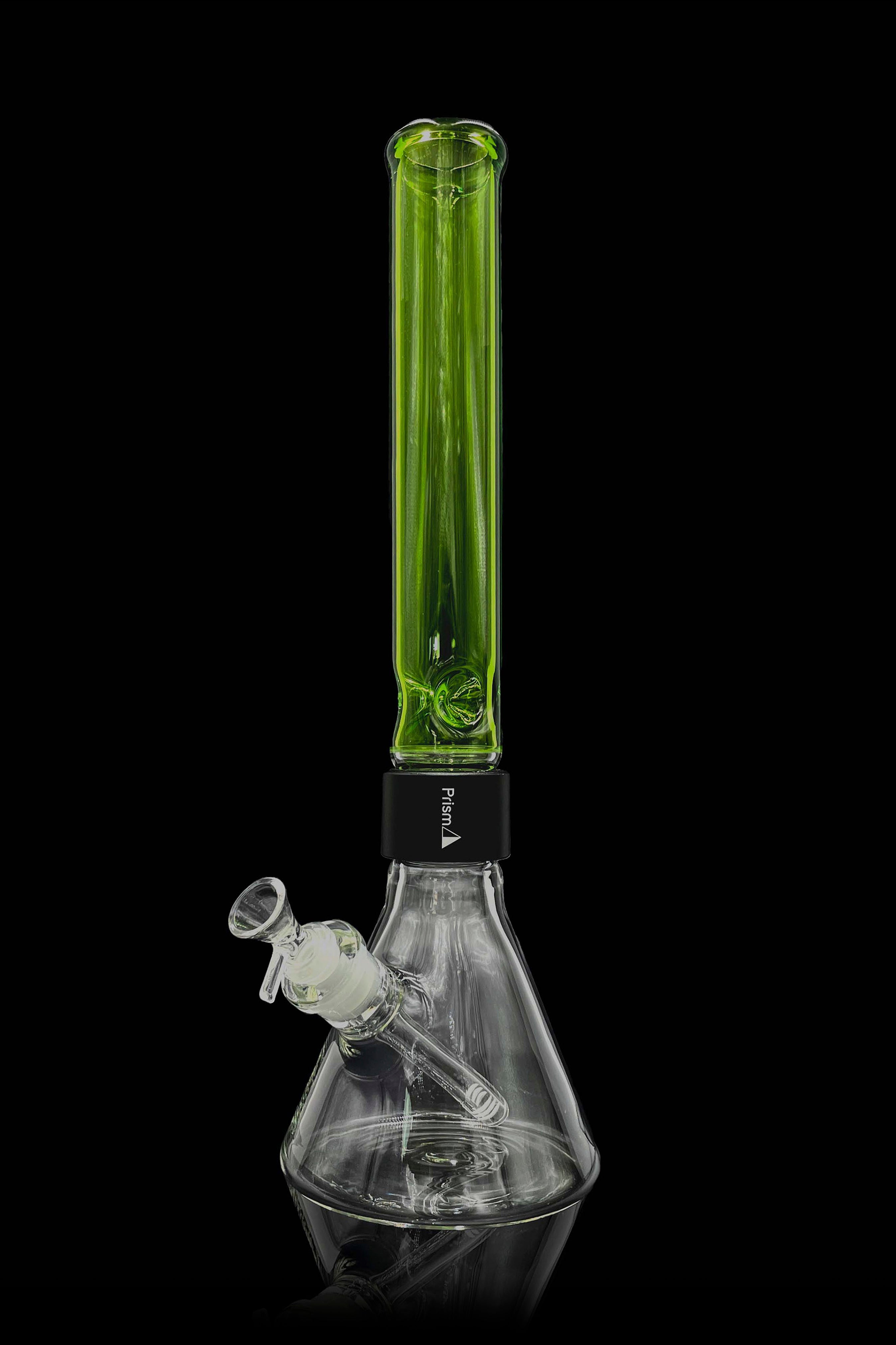 A green and clear glass bong with a water chamber and downstem, isolated on a black background.