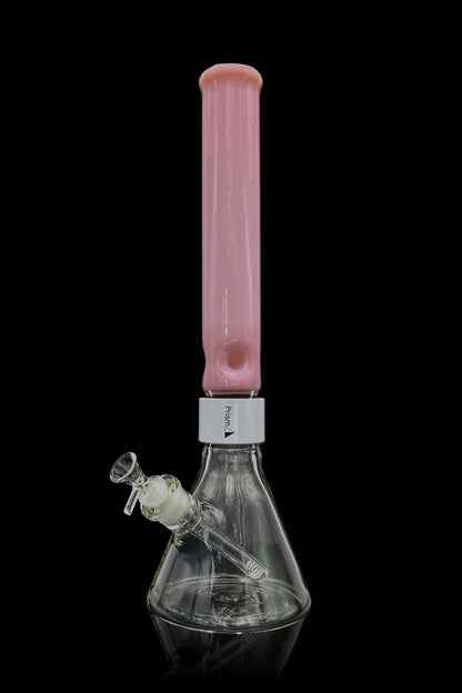 Pink glass bong with a flared base and downstem.