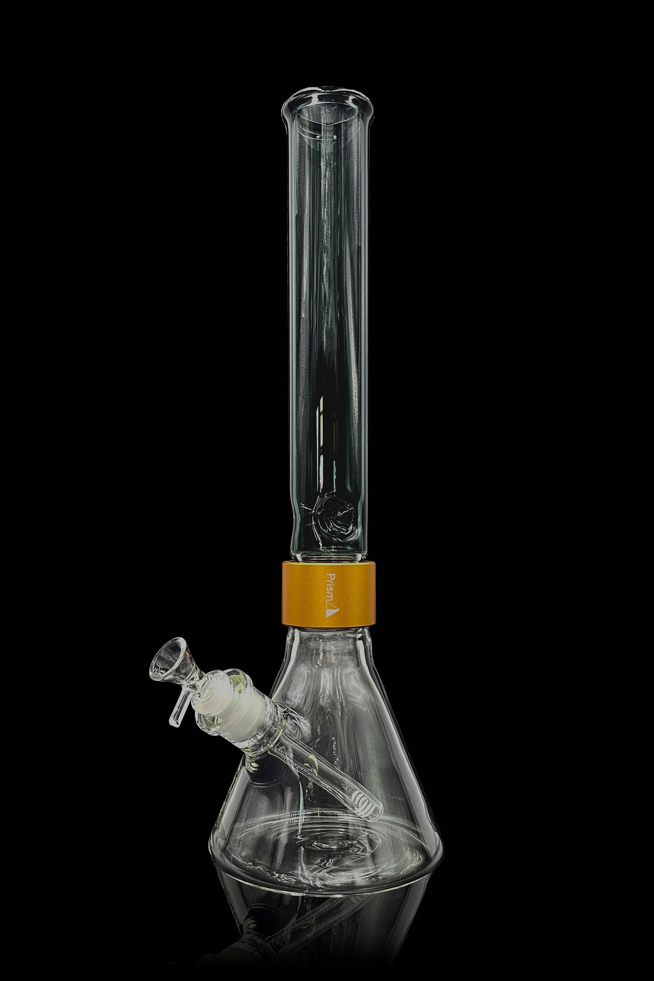 Clear glass bong with ice catcher and branded band, isolated on black.