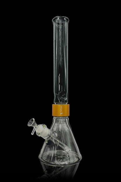 Clear glass bong with ice catcher and branded band, isolated on black.