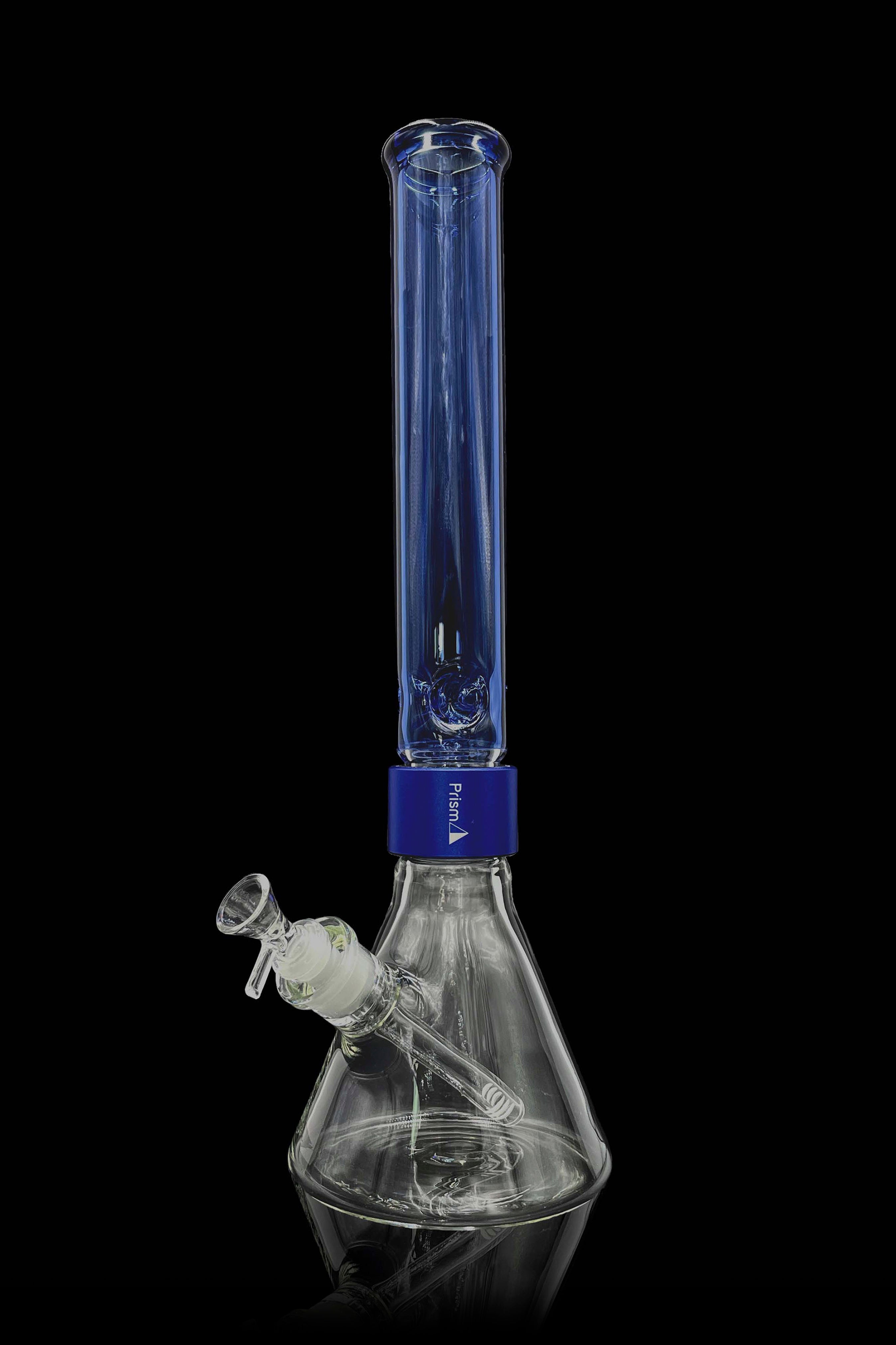 Blue glass bong with a detachable downstem and bowl, isolated on a black background.