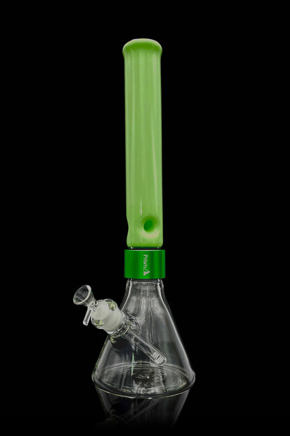 Green glass bong with water visible inside, against a black background.
