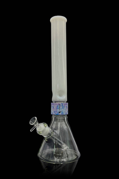 Glass bong with ice catcher and colorful branding.