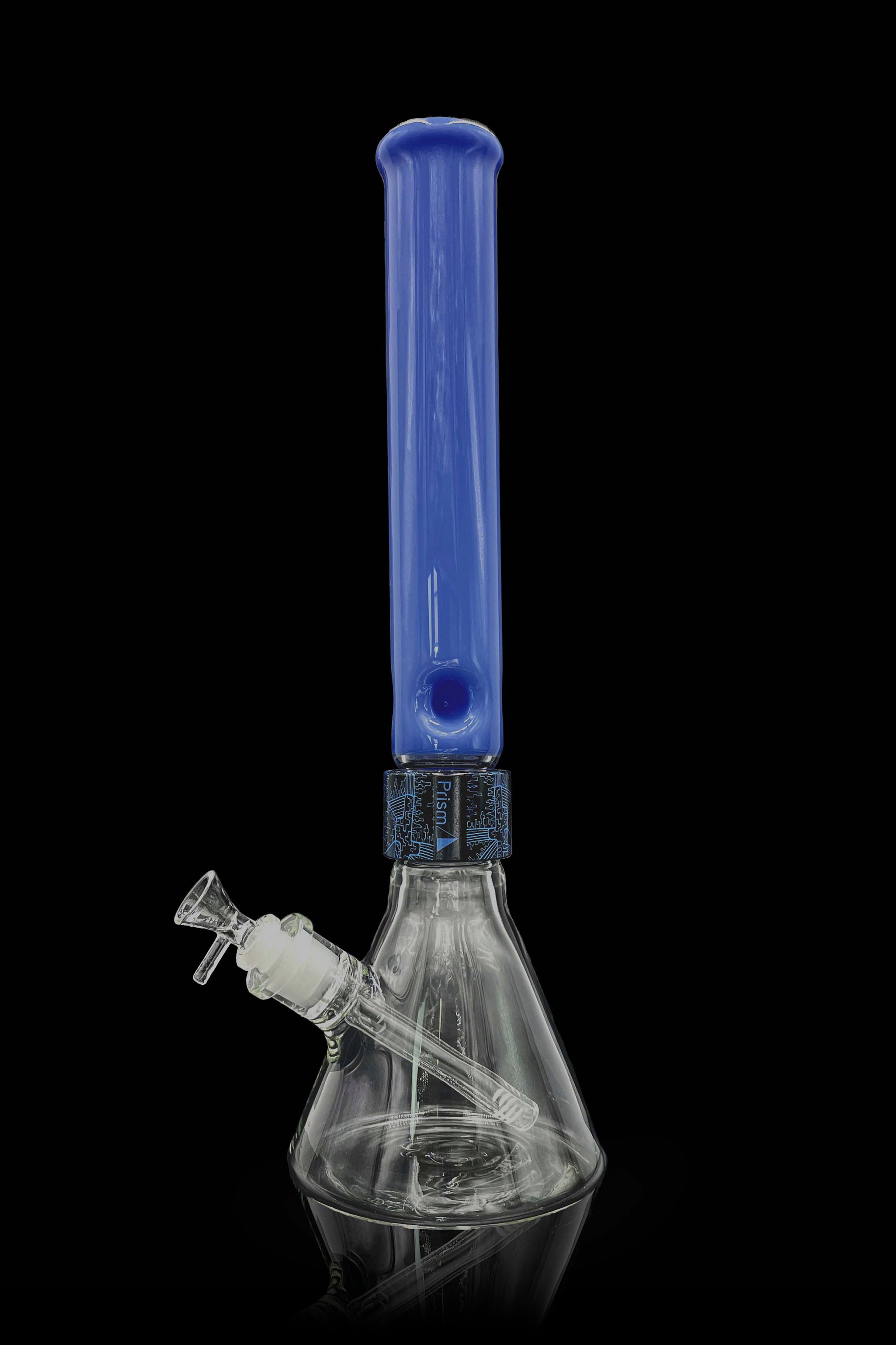 Blue glass bong with intricate patterned base and detachable downstem.