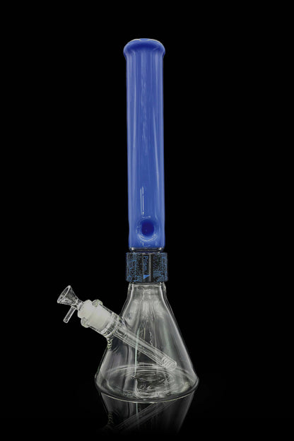 Blue glass bong with intricate patterned base and detachable downstem.