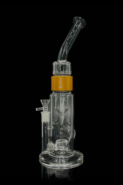 Clear glass water pipe (bong) with a downstem and orange branding.