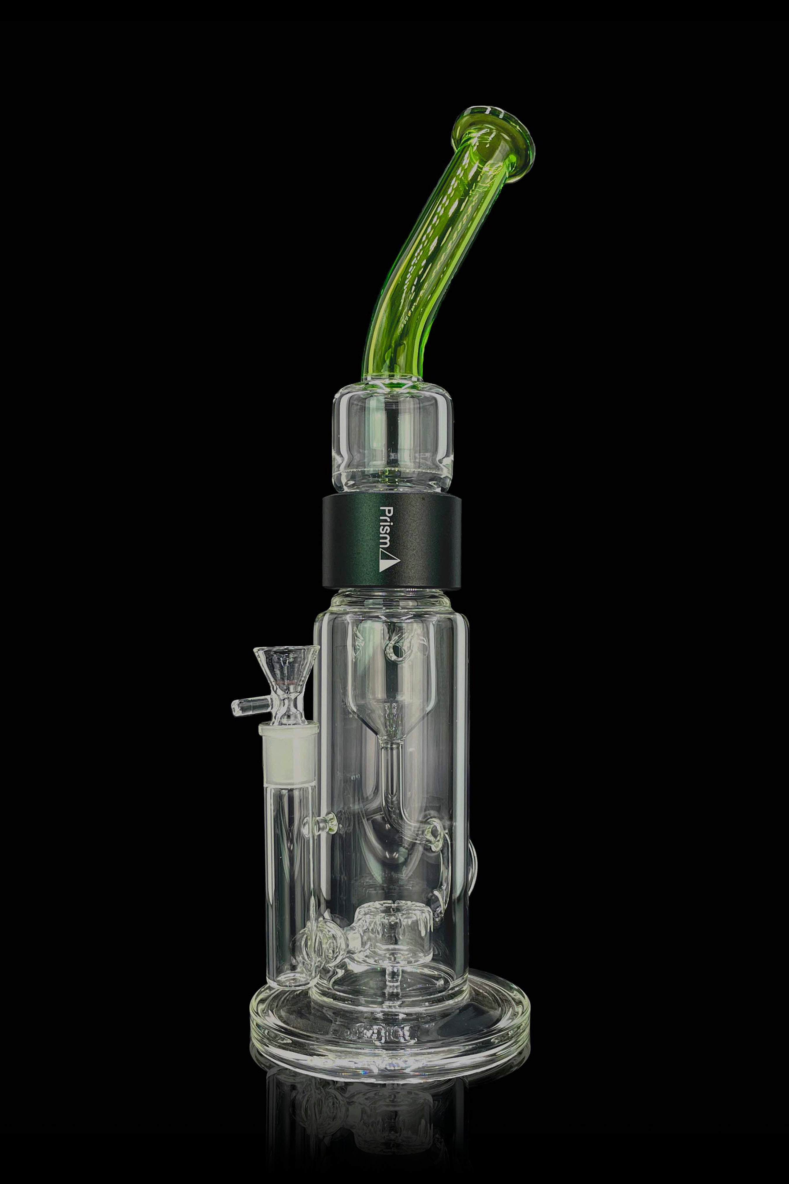Clear glass water pipe (bong) with a green mouthpiece and black branding.