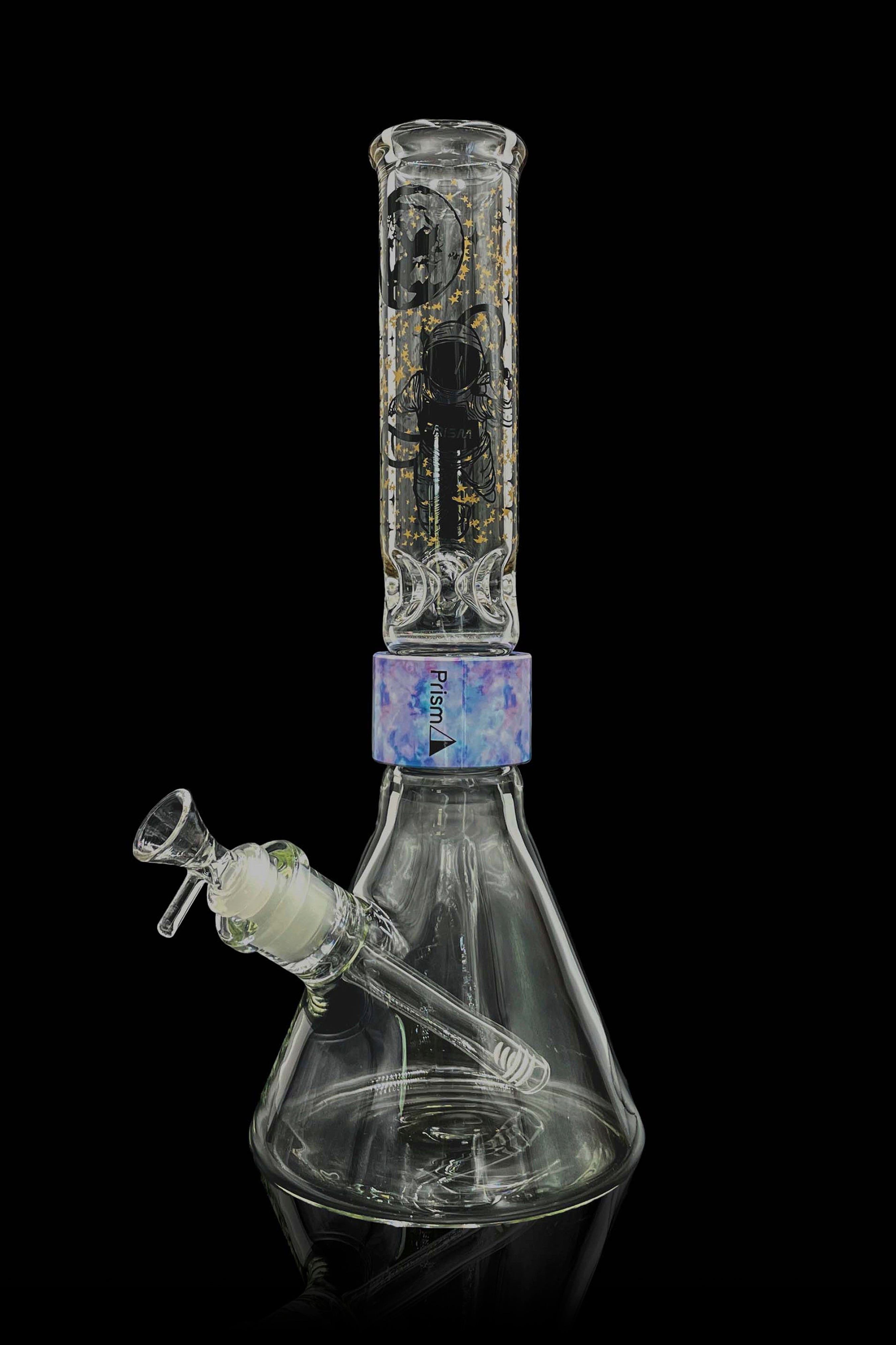 Glass water pipe (bong) with colorful accents and a smoke chamber, isolated on a black background.