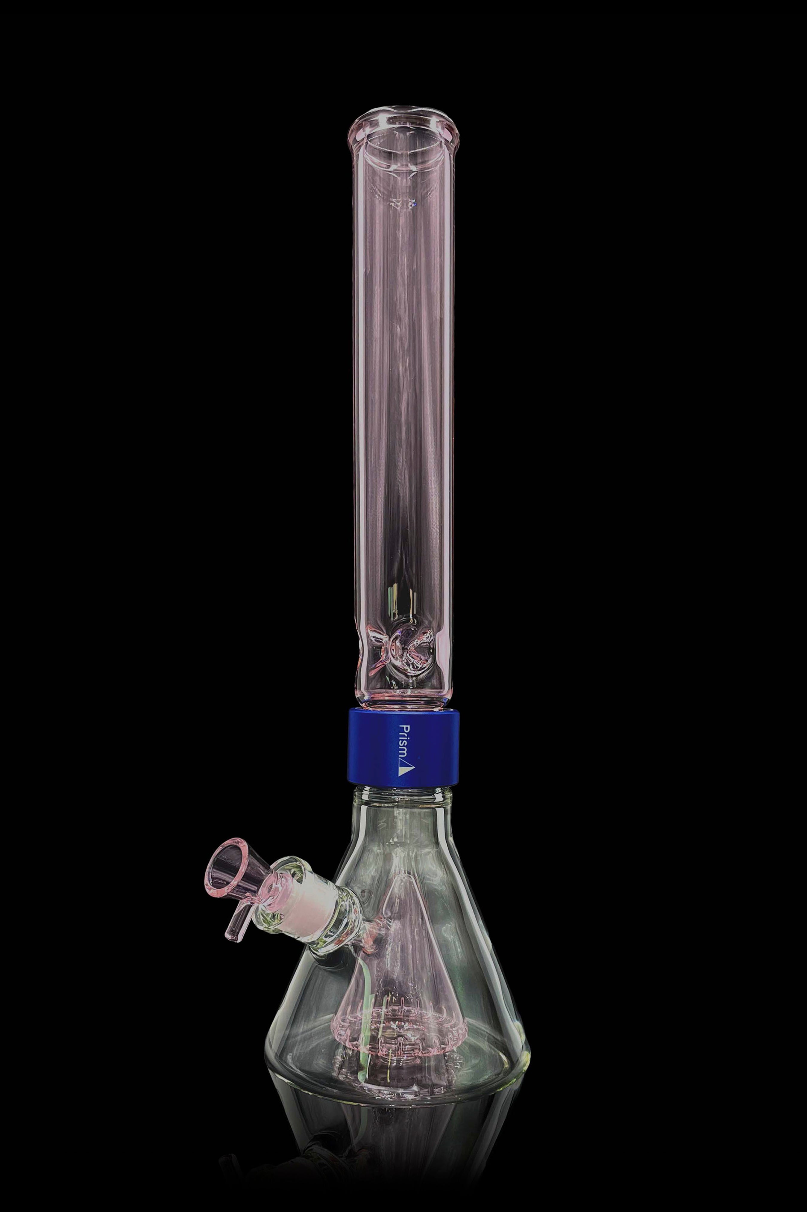 A tall, clear glass bong with pink and green swirls, illuminated from within, against a black background.