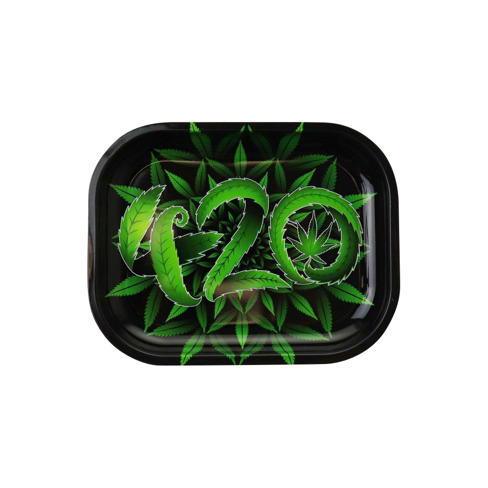 Top-down view of the Puff Puff Pass 420 Rolling Tray, featuring a black background and minimalist design.