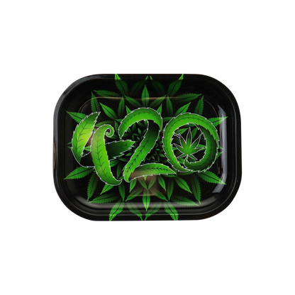 Top-down view of the Puff Puff Pass 420 Rolling Tray, featuring a black background and minimalist design.