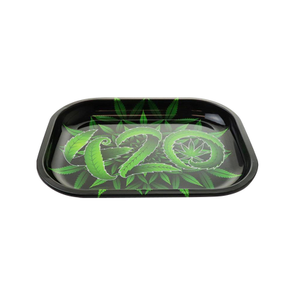 Overhead view of the Puff Puff Pass 420 Rolling Tray featuring a patterned design against a dark background.