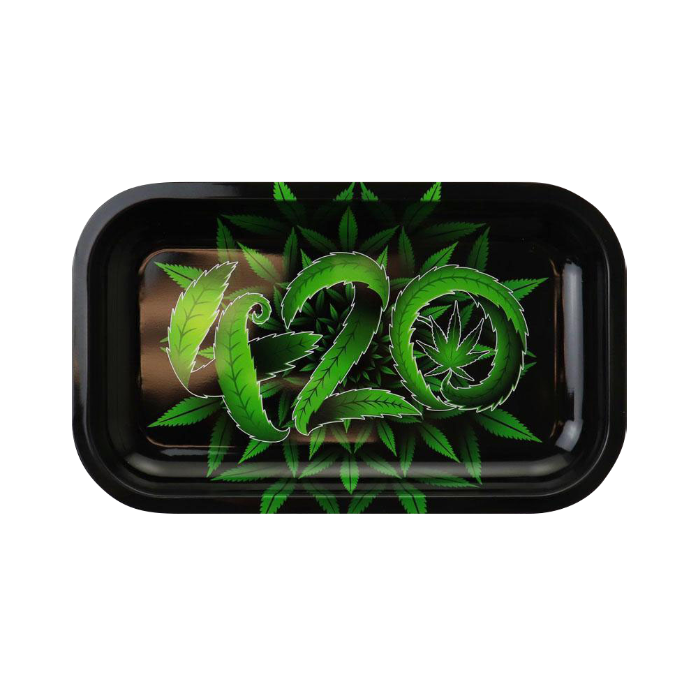 A top-down view of the Puff Puff Pass 420 Rolling Tray, featuring a black surface with a colorful design.