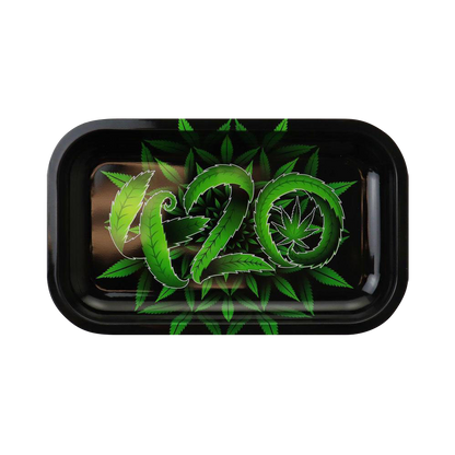 A top-down view of the Puff Puff Pass 420 Rolling Tray, featuring a black surface with a colorful design.