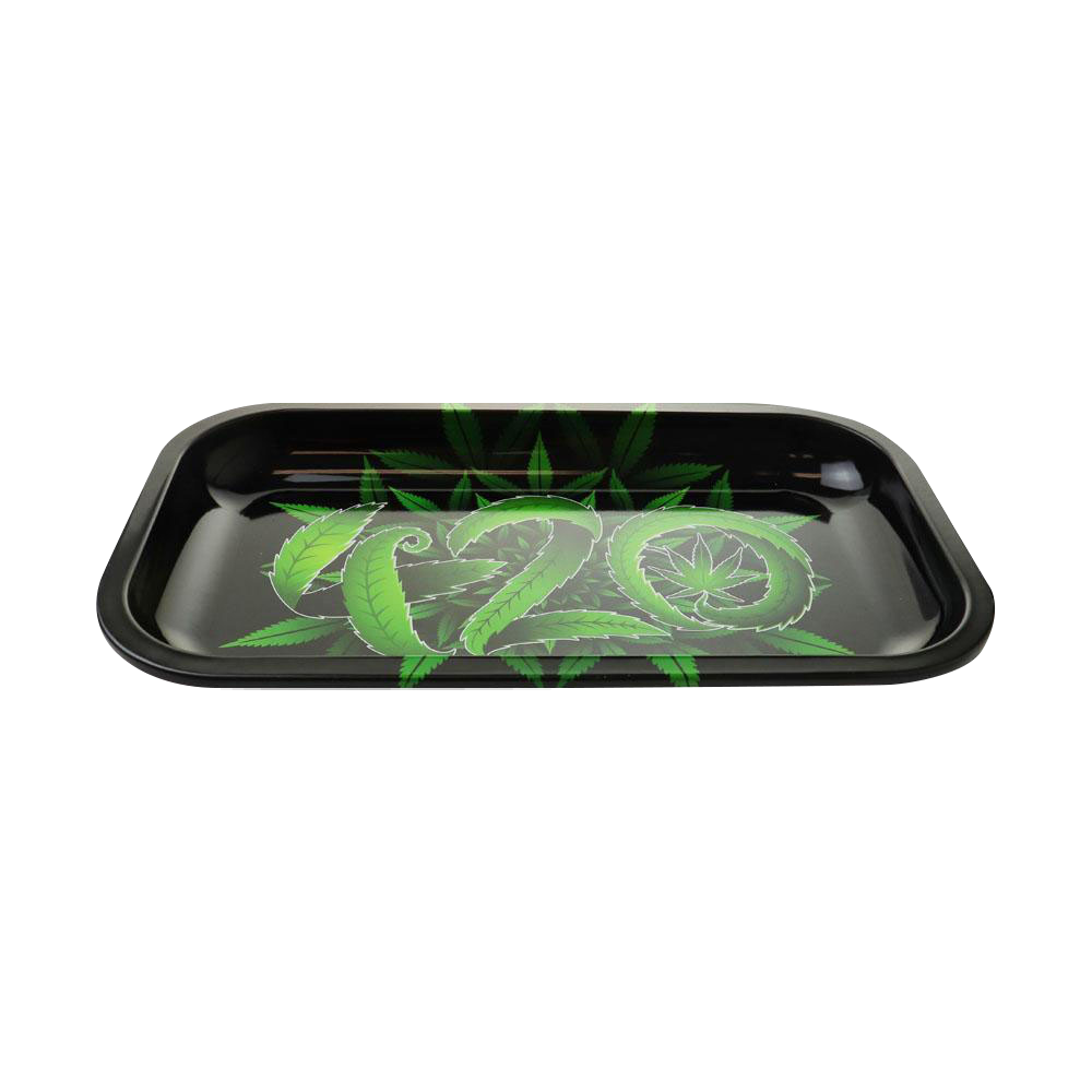 The Puff Puff Pass 420 Rolling Tray is shown in a top-down view, displaying a rectangular metal tray with bold graphic lettering.