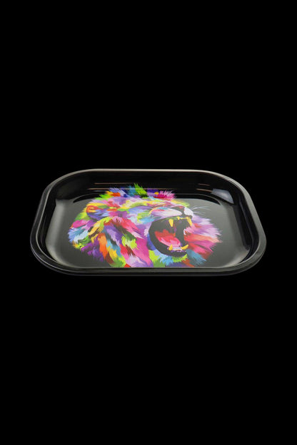 A top-down view of the Puff Puff Pass Rolling Tray - Lion, featuring a detailed lion graphic on a dark-colored tray.