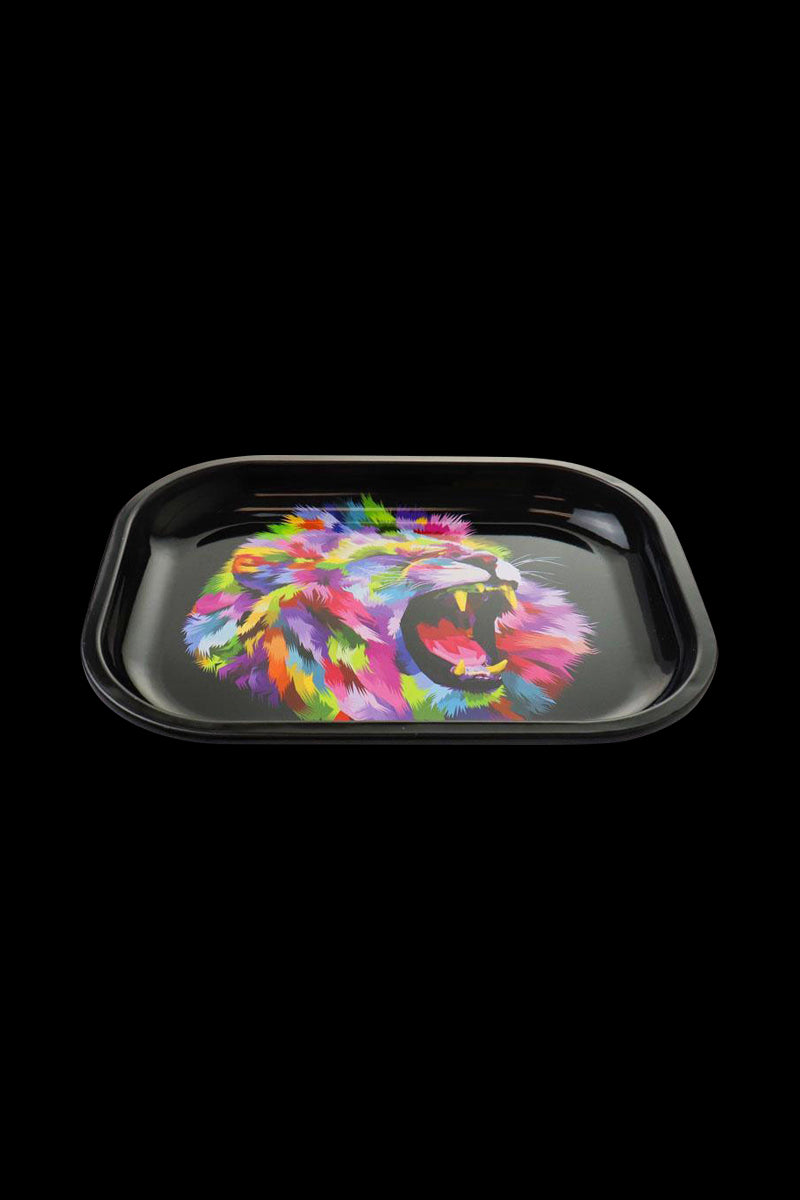 A top-down view of the Puff Puff Pass Rolling Tray - Lion, featuring a detailed lion graphic on a dark-colored tray.