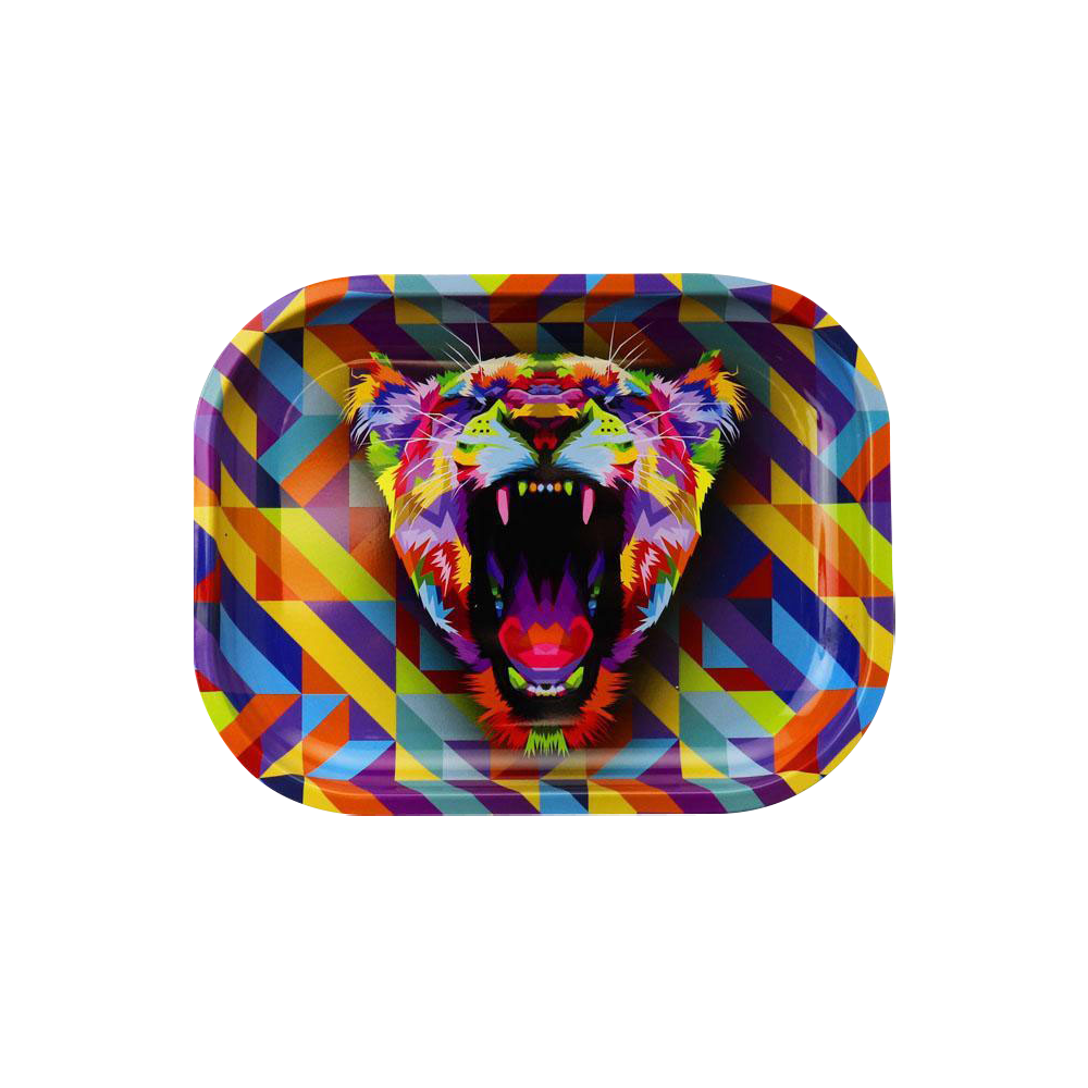 A top-down view of the “Puff Puff Pass “Lioness” Rolling Tray” featuring a vibrant, geometric lioness design on a flat surface.