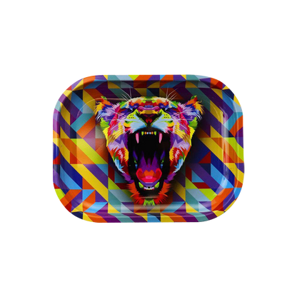A top-down view of the “Puff Puff Pass “Lioness” Rolling Tray” featuring a vibrant, geometric lioness design on a flat surface.